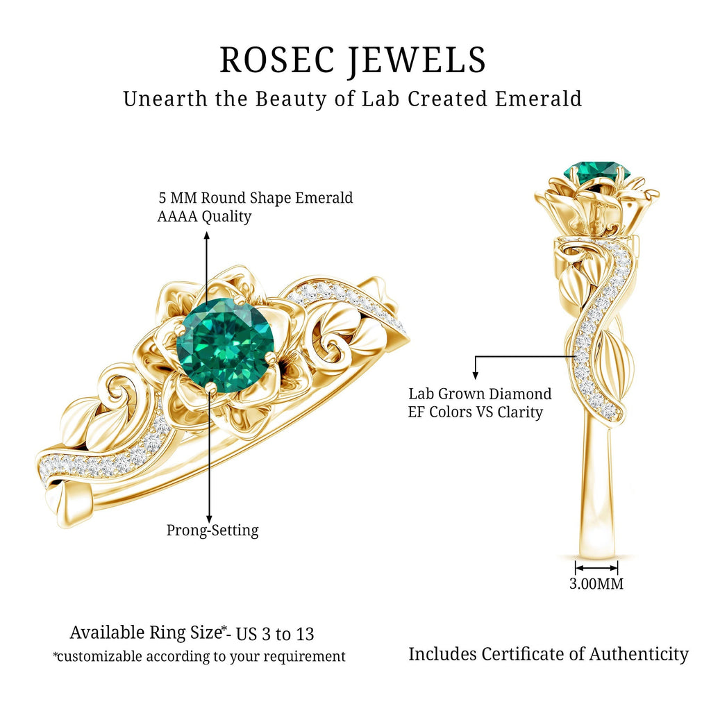 Emerald Engagement Ring – Lab Created Emerald Flower Ring With Sparkling Diamonds