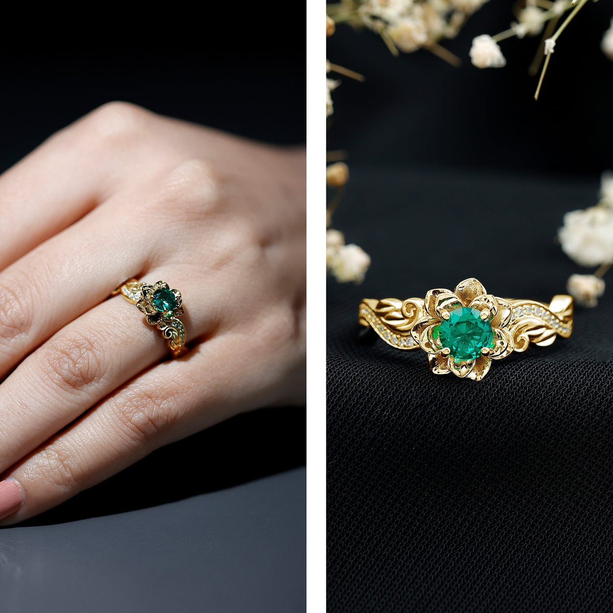 Emerald Engagement Ring – Lab Created Emerald Flower Ring With Sparkling Diamonds
