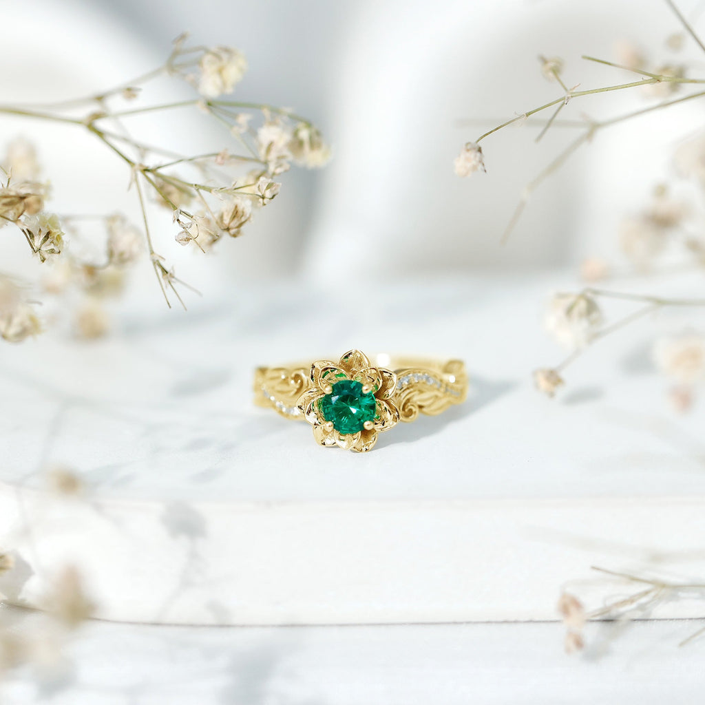 Emerald Engagement Ring – Lab Created Emerald Flower Ring With Sparkling Diamonds