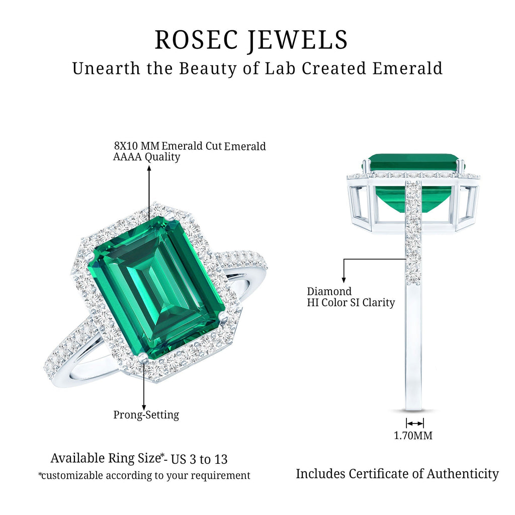 Emerald Engagement Ring – Lab Grown Emerald Cut 3 Carat Diamond Halo Ring