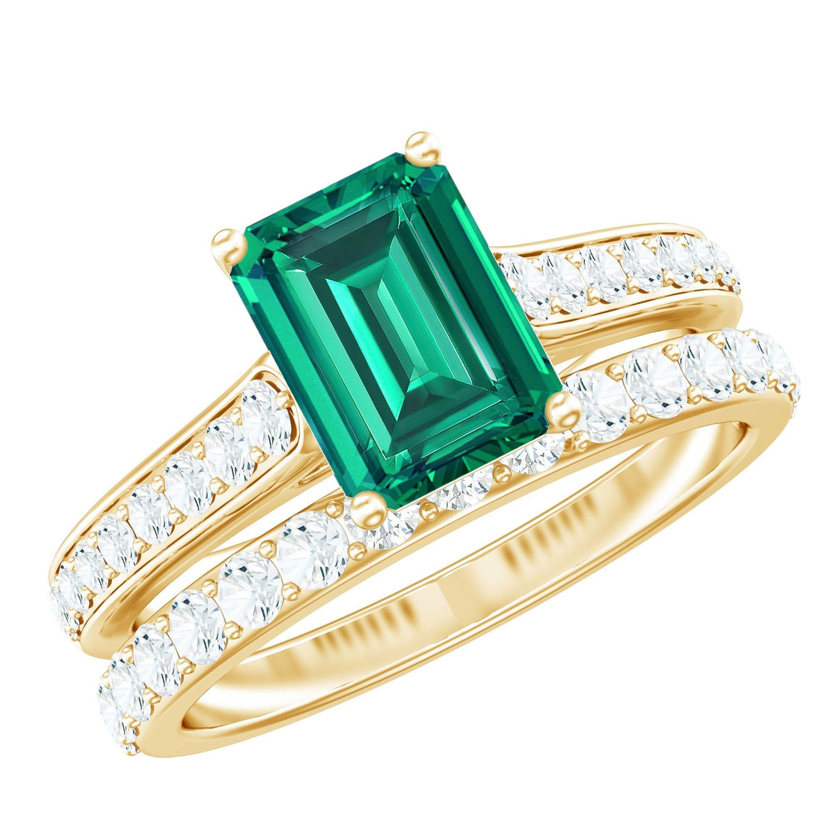 Emerald Engagement Ring Lab Grown Emerald Cut Ring – Wedding Band Set With Moissanite Side Stones