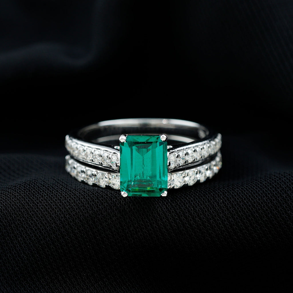 Emerald Engagement Ring Lab Grown Emerald Cut Ring – Wedding Band Set With Moissanite Side Stones