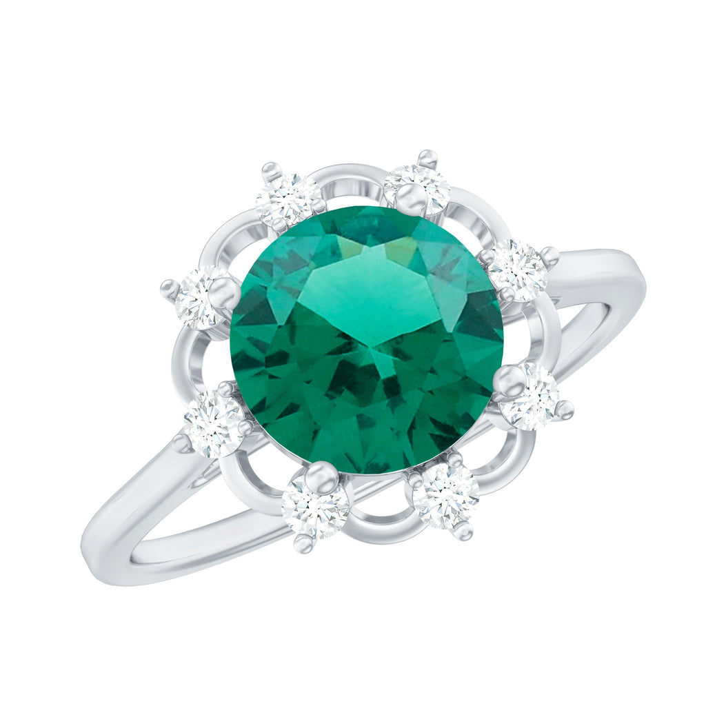Emerald Engagement Ring – Lab Grown Emerald Designer Flower Ring with Diamonds