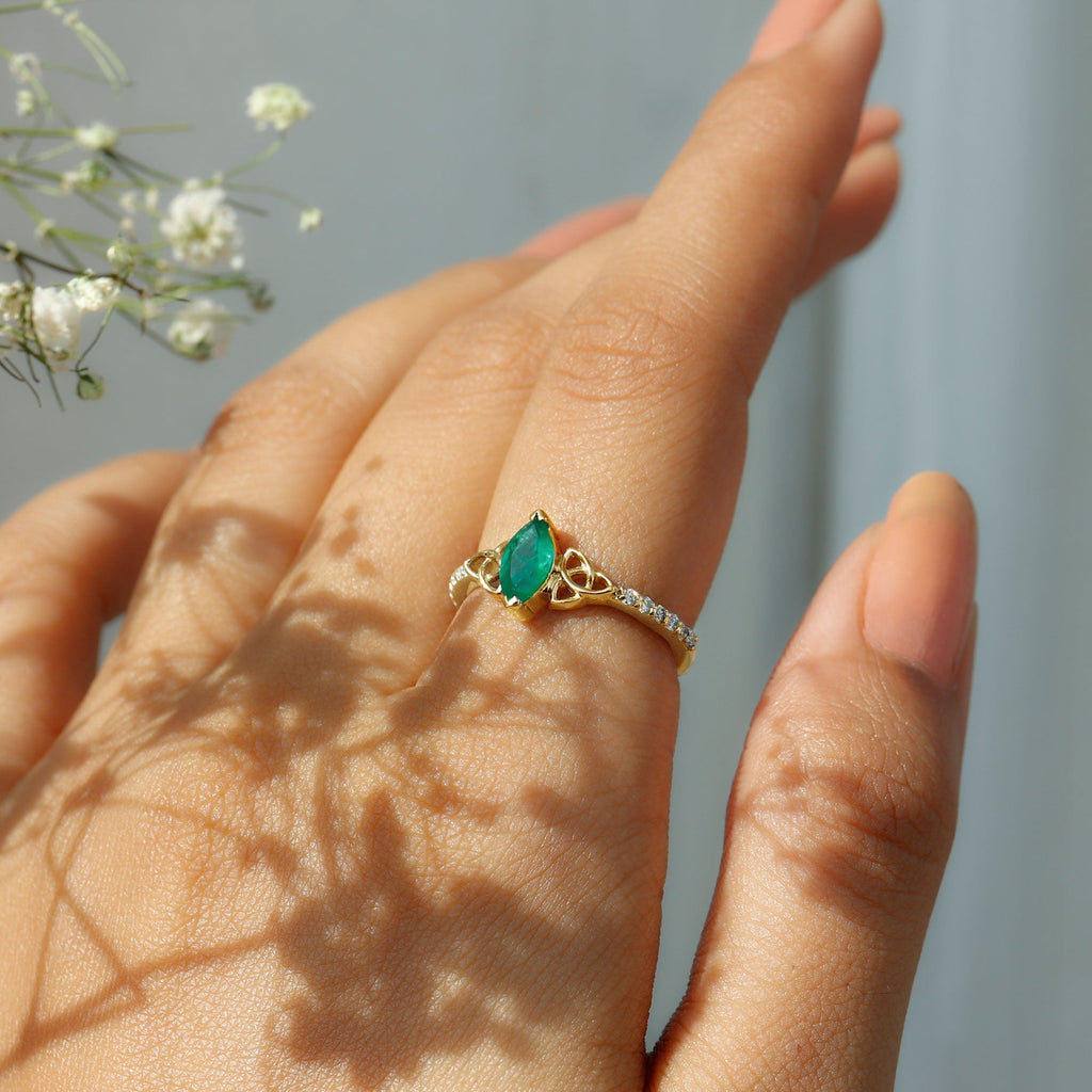 Emerald Engagement Ring – Marquise Cut Celtic Knot with AAA Quality Diamonds