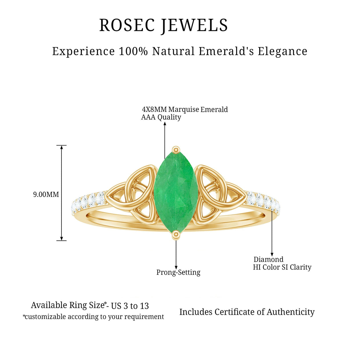 Emerald Engagement Ring – Marquise Cut Celtic Knot with AAA Quality Diamonds