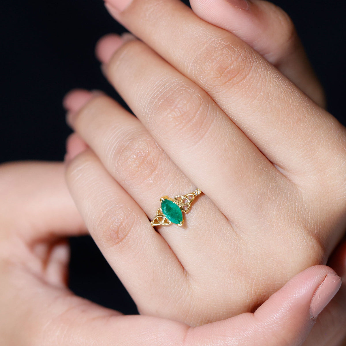 Emerald Engagement Ring – Marquise Cut Celtic Knot with AAA Quality Diamonds