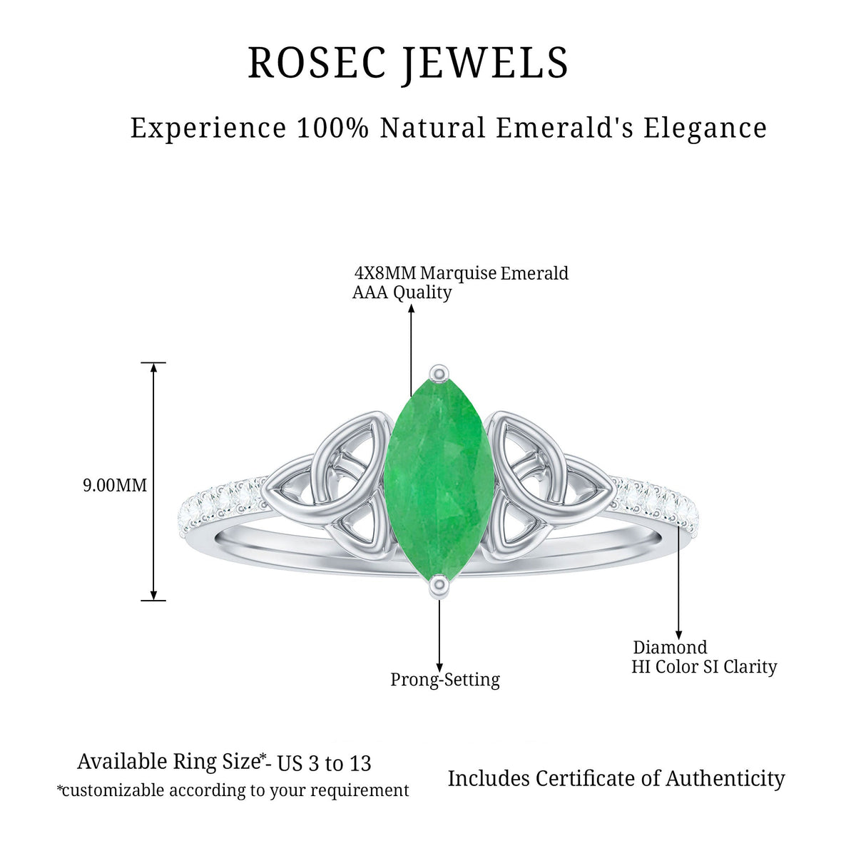 Emerald Engagement Ring – Marquise Cut Celtic Knot with AAA Quality Diamonds