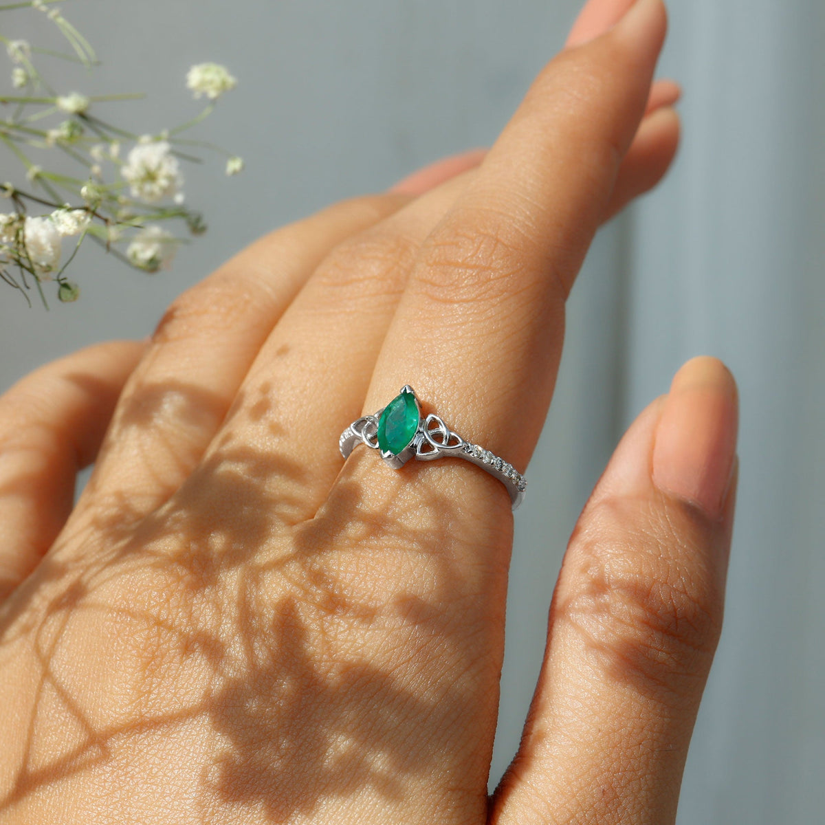 Emerald Engagement Ring – Marquise Cut Celtic Knot with AAA Quality Diamonds