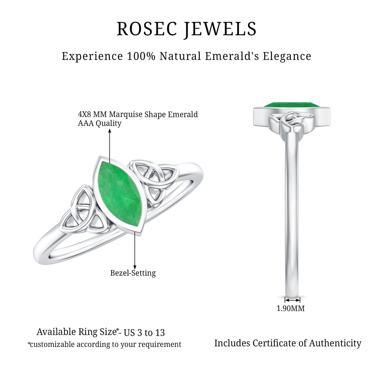 Emerald Engagement Ring – Marquise Cut Natural Emerald With Protective Bezel Setting