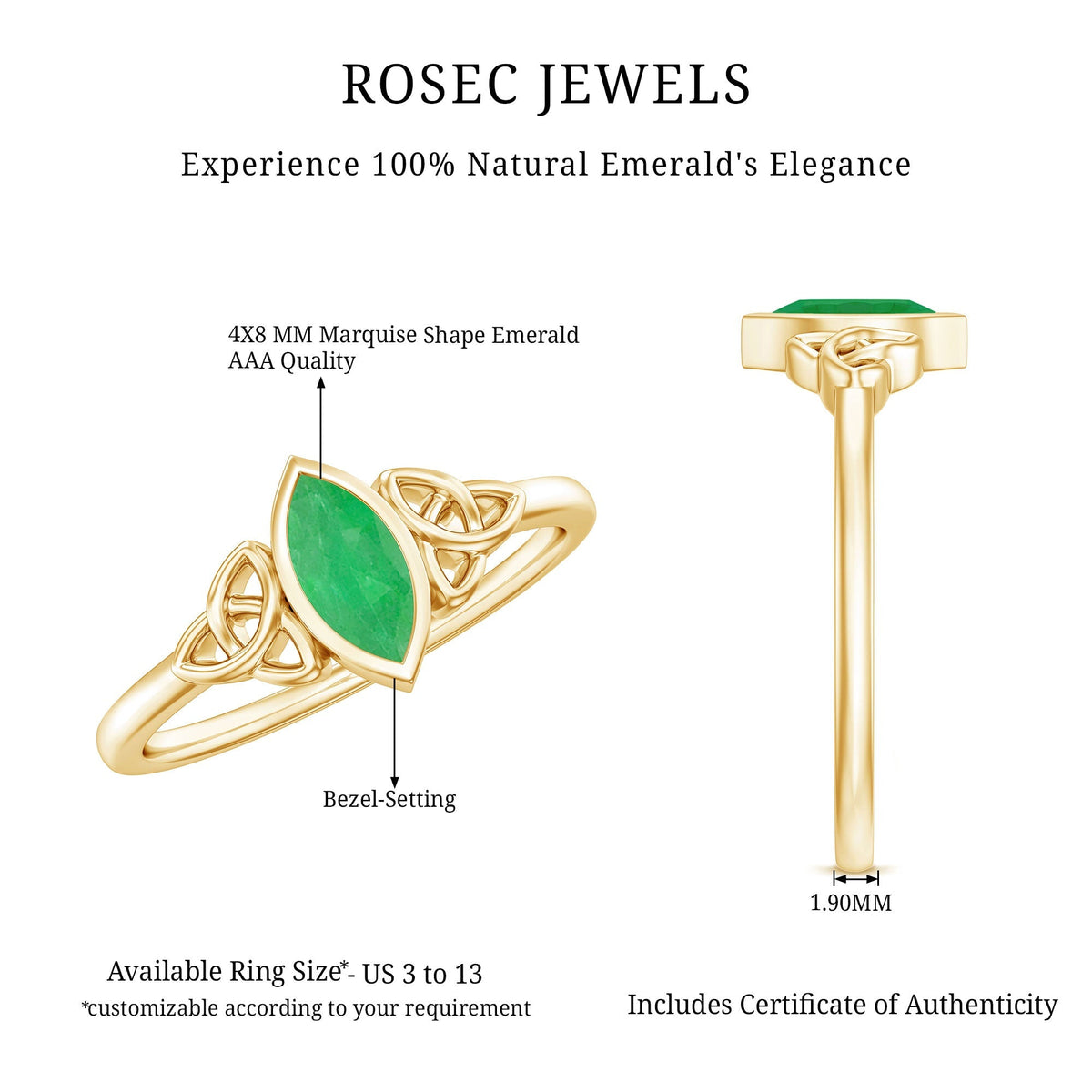 Emerald Engagement Ring – Marquise Cut Natural Emerald With Protective Bezel Setting