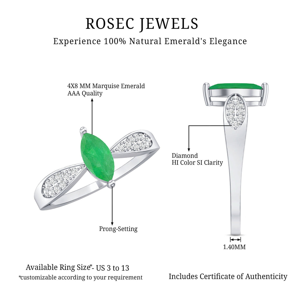 Emerald Engagement Ring – Marquise Diamond Solitaire with Pinched Shank Design