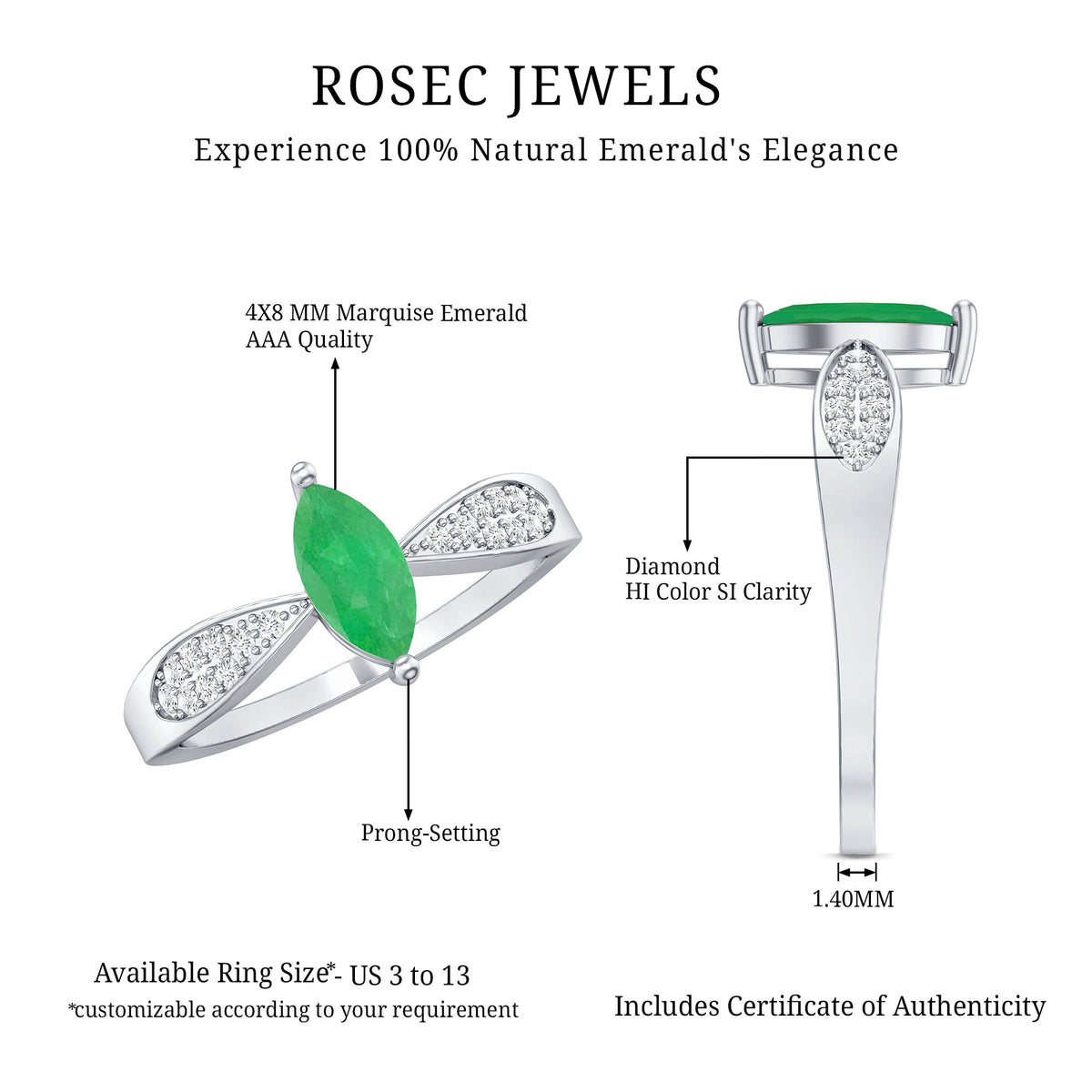 Emerald Engagement Ring – Marquise Diamond Solitaire with Pinched Shank Design
