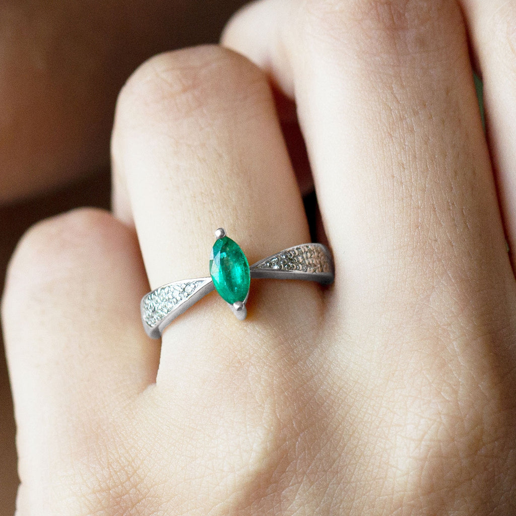 Emerald Engagement Ring – Marquise Diamond Solitaire with Pinched Shank Design