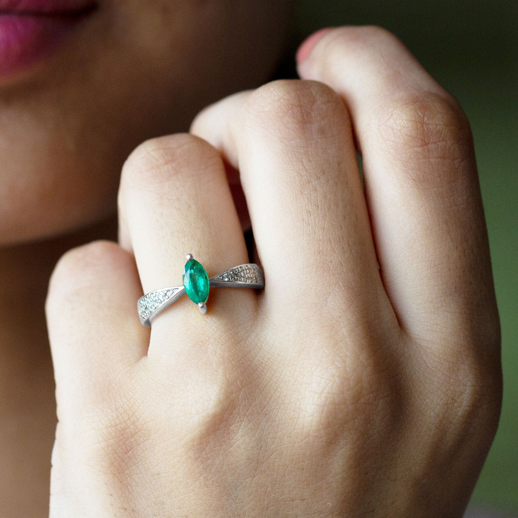 Emerald Engagement Ring – Marquise Diamond Solitaire with Pinched Shank Design