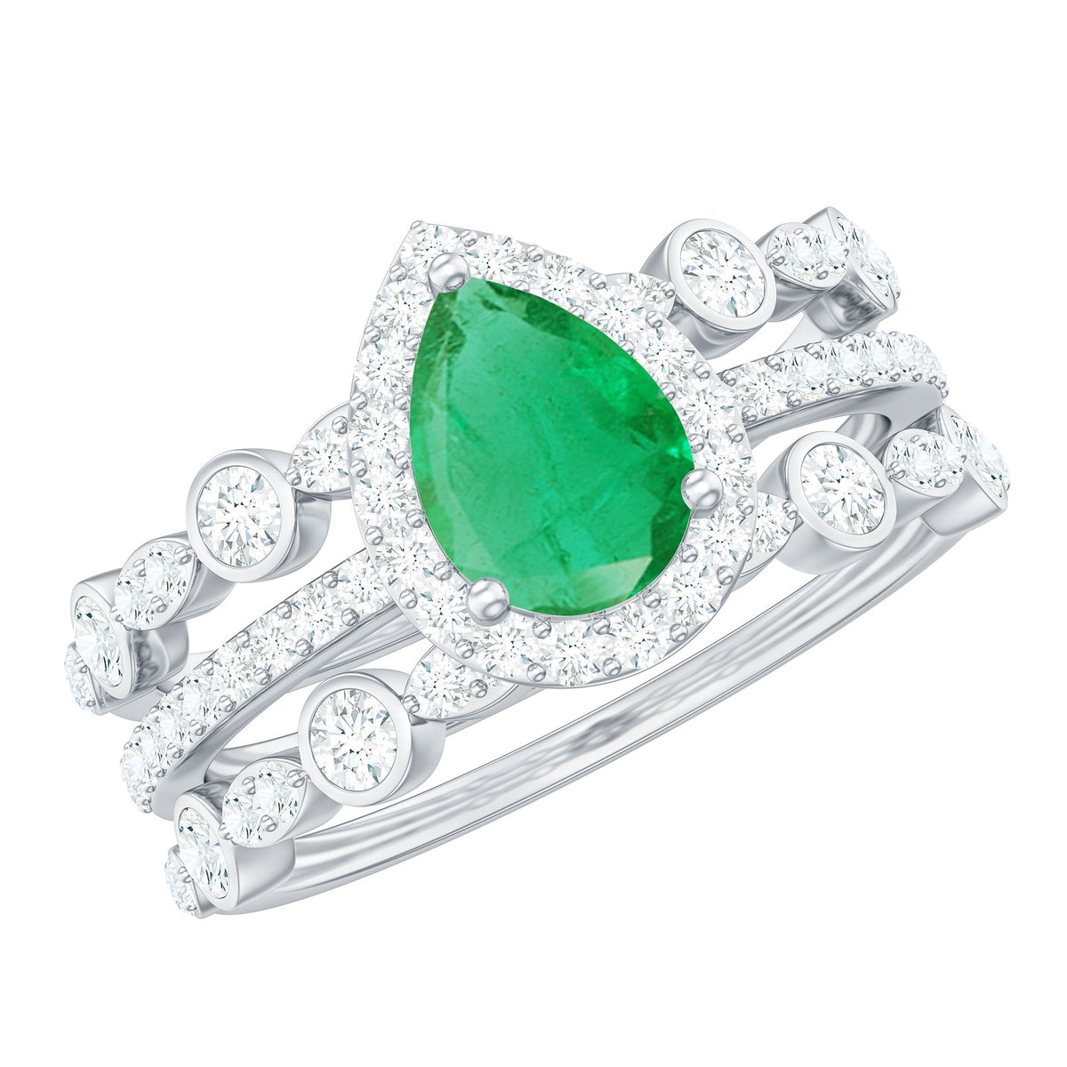 Emerald Engagement Ring – Natural 0.6 Ct Pear Shaped Teardrop Set with Wedding Bands