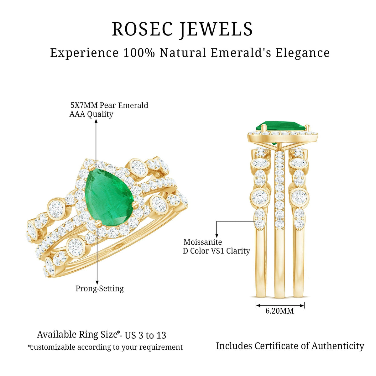 Emerald Engagement Ring – Natural 0.6 Ct Pear Shaped Teardrop Set with Wedding Bands
