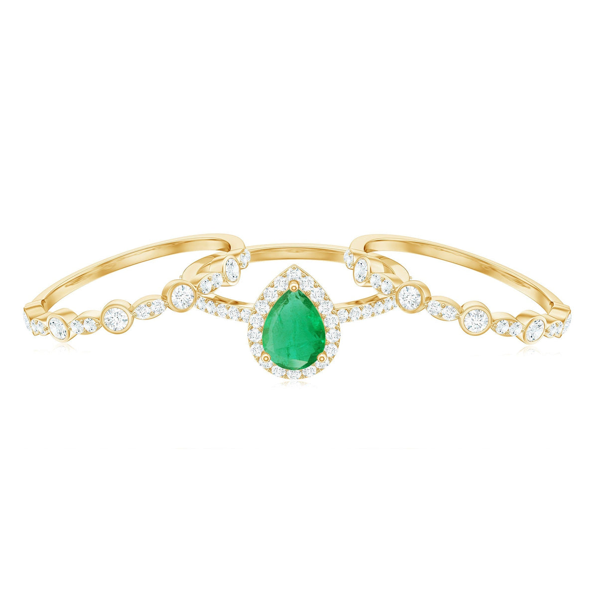 Emerald Engagement Ring – Natural 0.6 Ct Pear Shaped Teardrop Set with Wedding Bands