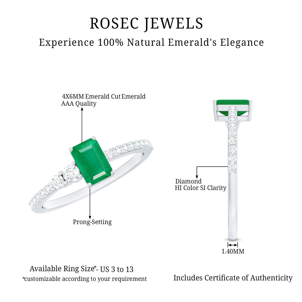 Emerald Engagement Ring – Natural 4x6 mm Emerald Solitaire with Diamond Side Stones