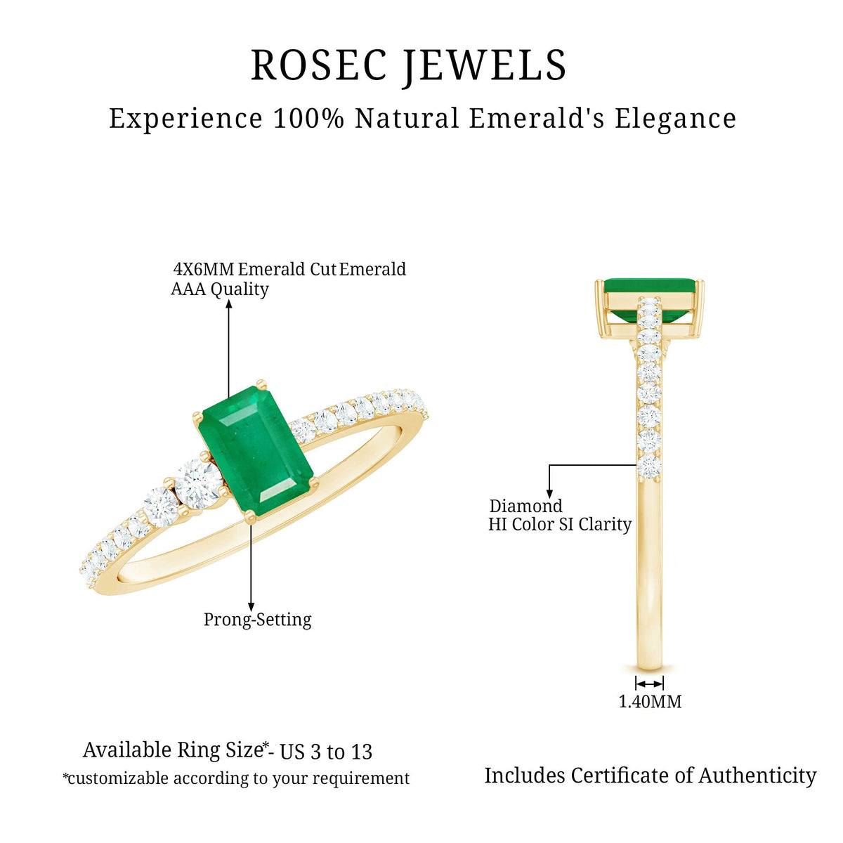 Emerald Engagement Ring – Natural 4x6 mm Emerald Solitaire with Diamond Side Stones