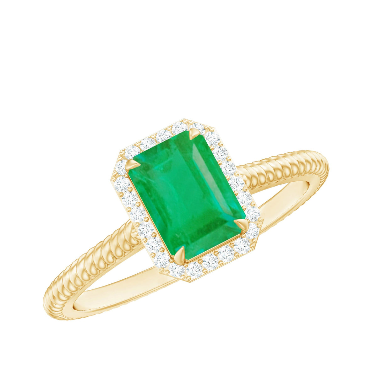 Emerald Engagement Ring – Natural Emerald Cut Ring with Diamond Halo & Twisted Rope Band