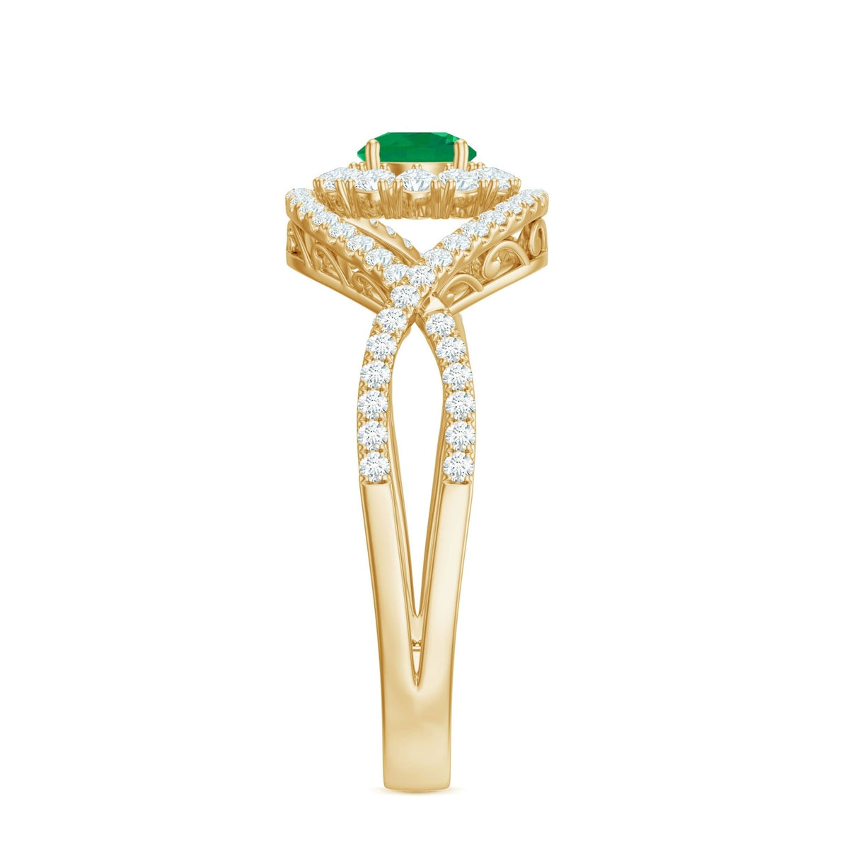 Emerald Engagement Ring – Natural Emerald Diamond Halo Ring with Crossover Shank