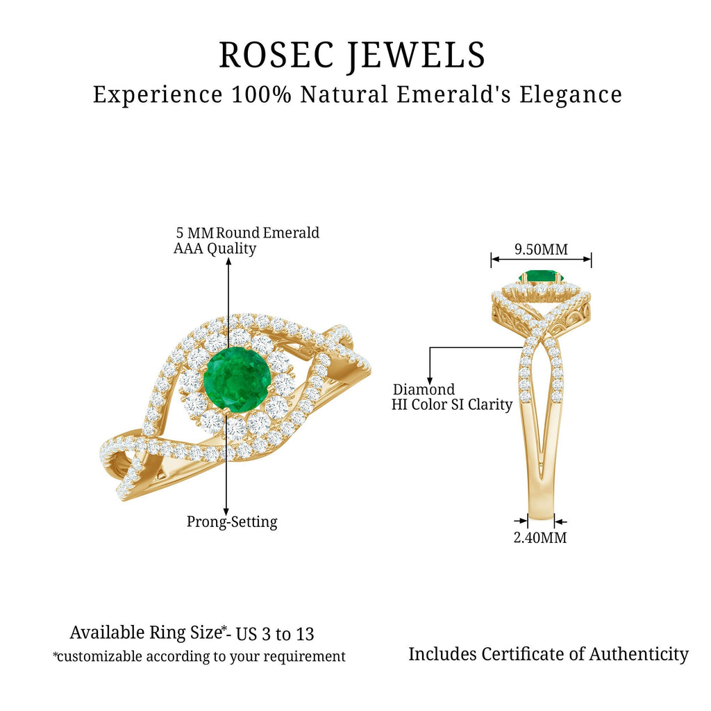 Emerald Engagement Ring – Natural Emerald Diamond Halo Ring with Crossover Shank