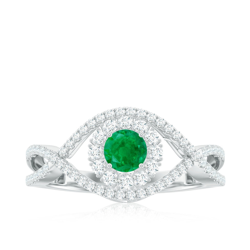 Emerald Engagement Ring – Natural Emerald Diamond Halo Ring with Crossover Shank