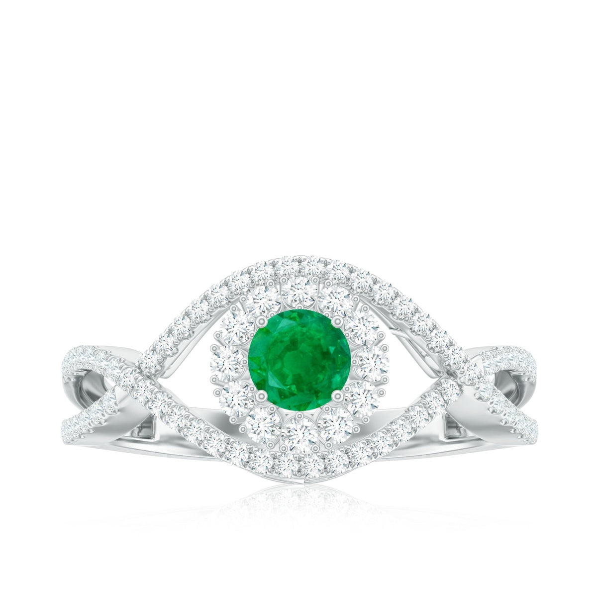 Emerald Engagement Ring – Natural Emerald Diamond Halo Ring with Crossover Shank