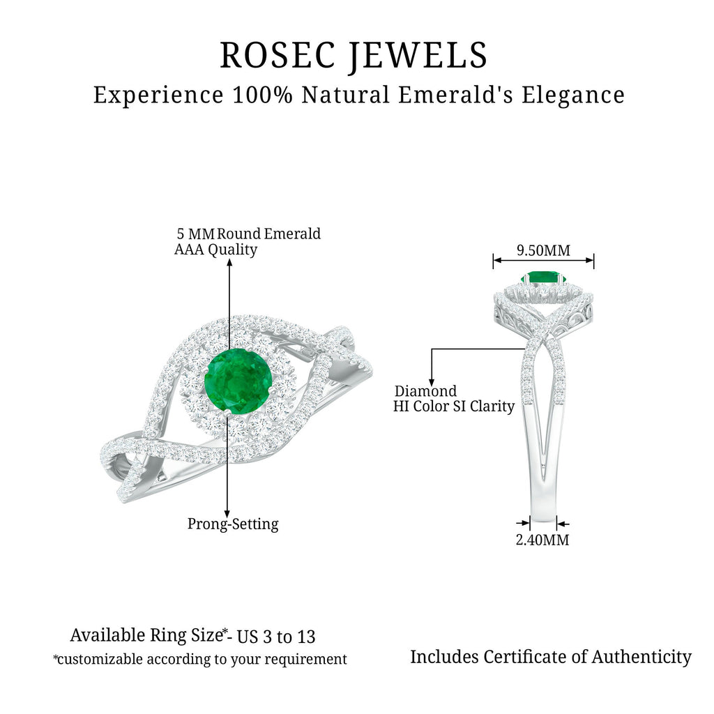Emerald Engagement Ring – Natural Emerald Diamond Halo Ring with Crossover Shank