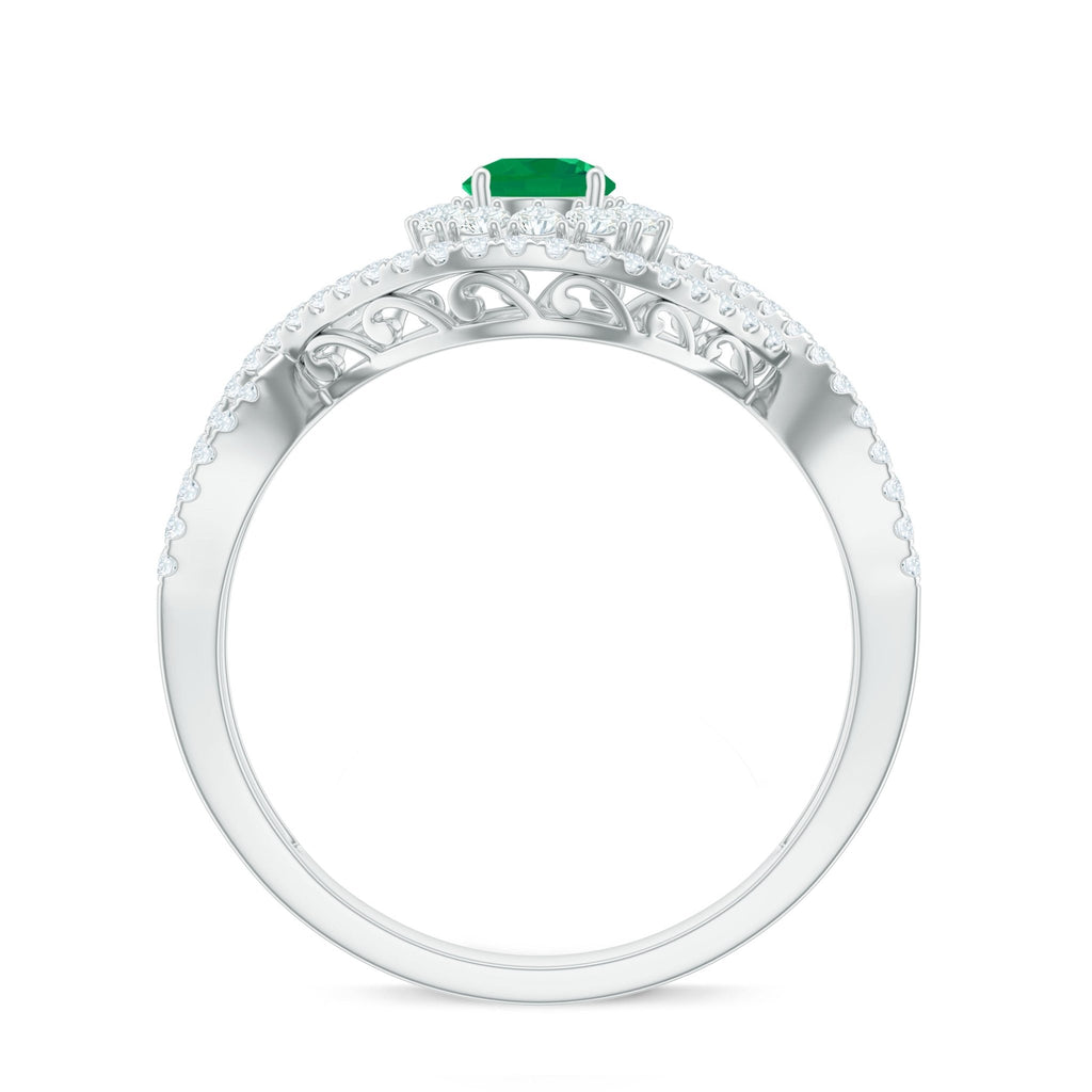 Emerald Engagement Ring – Natural Emerald Diamond Halo Ring with Crossover Shank