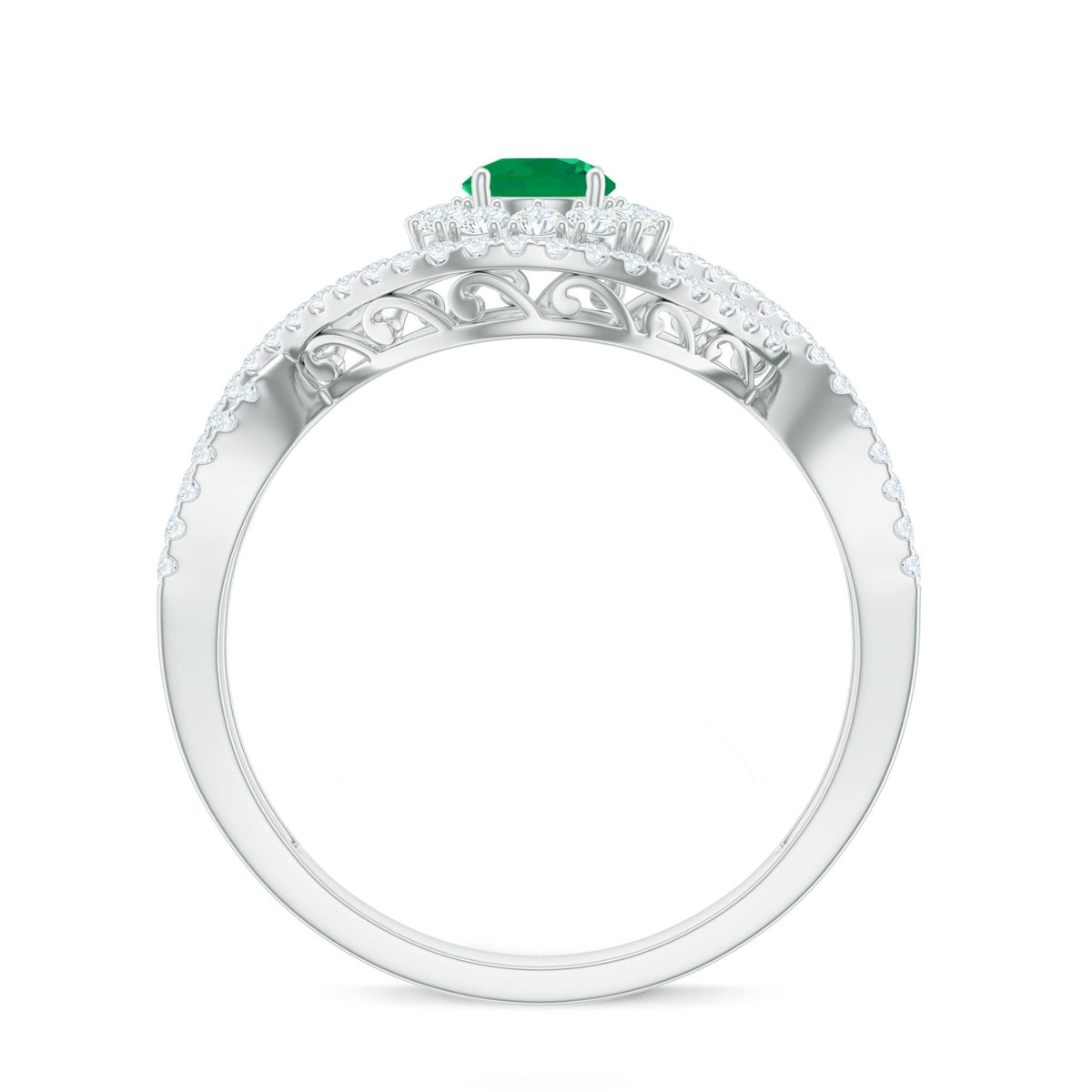Emerald Engagement Ring – Natural Emerald Diamond Halo Ring with Crossover Shank