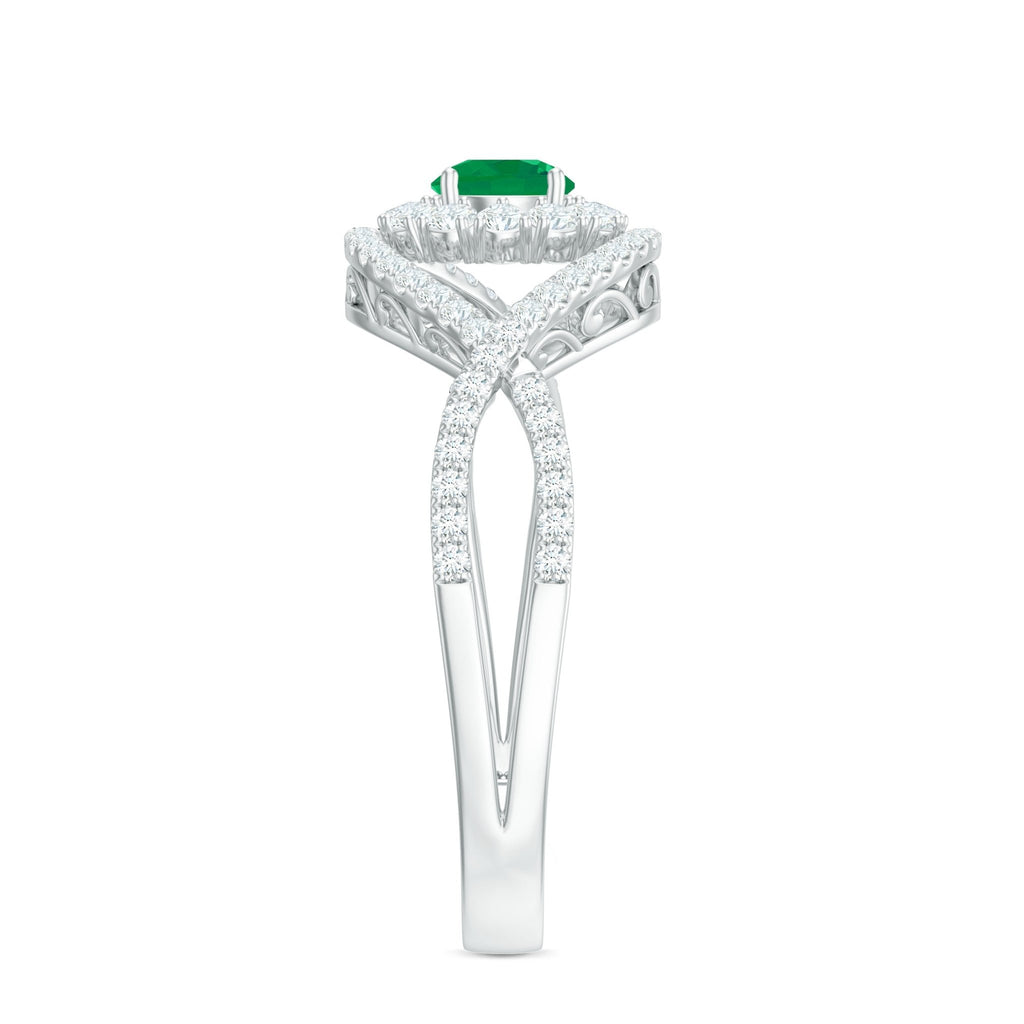Emerald Engagement Ring – Natural Emerald Diamond Halo Ring with Crossover Shank