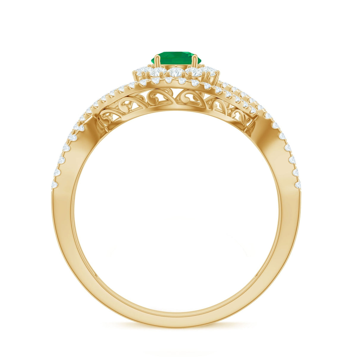 Emerald Engagement Ring – Natural Emerald Diamond Halo Ring with Crossover Shank