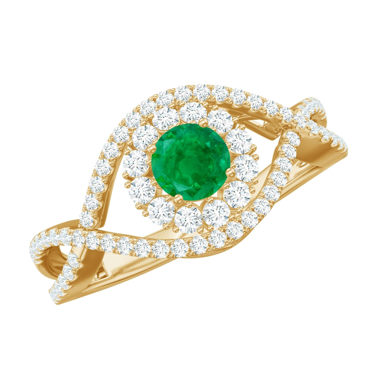 Emerald Engagement Ring – Natural Emerald Diamond Halo Ring with Crossover Shank