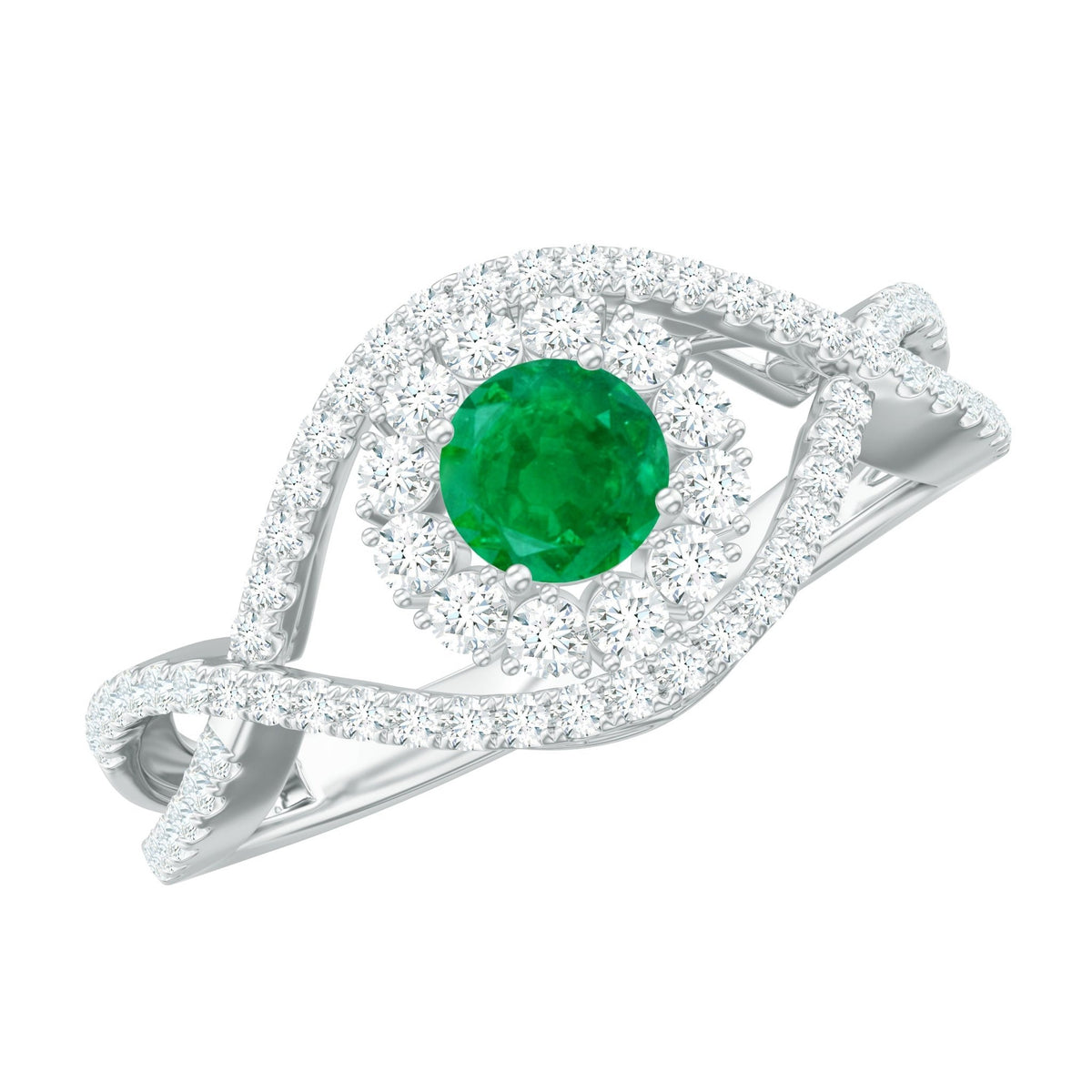 Emerald Engagement Ring – Natural Emerald Diamond Halo Ring with Crossover Shank