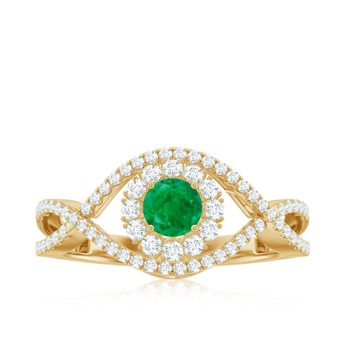 Emerald Engagement Ring – Natural Emerald Diamond Halo Ring with Crossover Shank