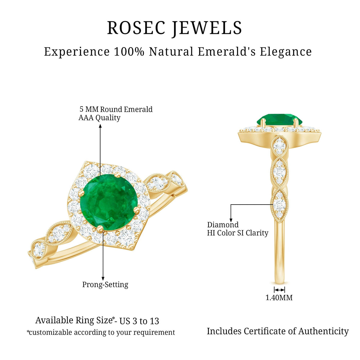 Emerald Engagement Ring – Natural Emerald Halo Diamond Ring With Vintage Style