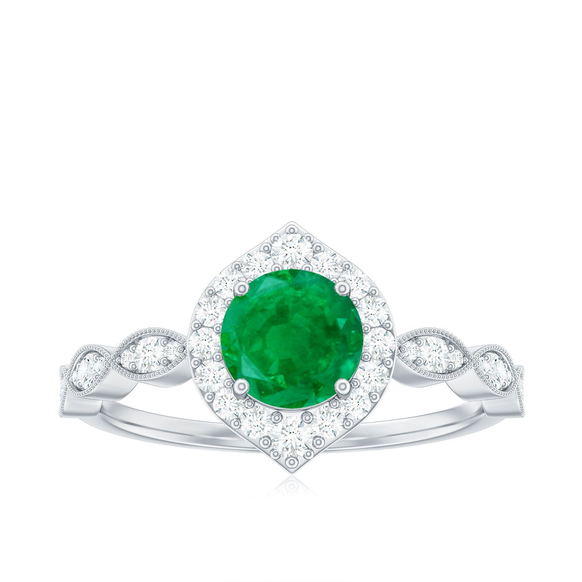 Emerald Engagement Ring – Natural Emerald Halo Diamond Ring With Vintage Style
