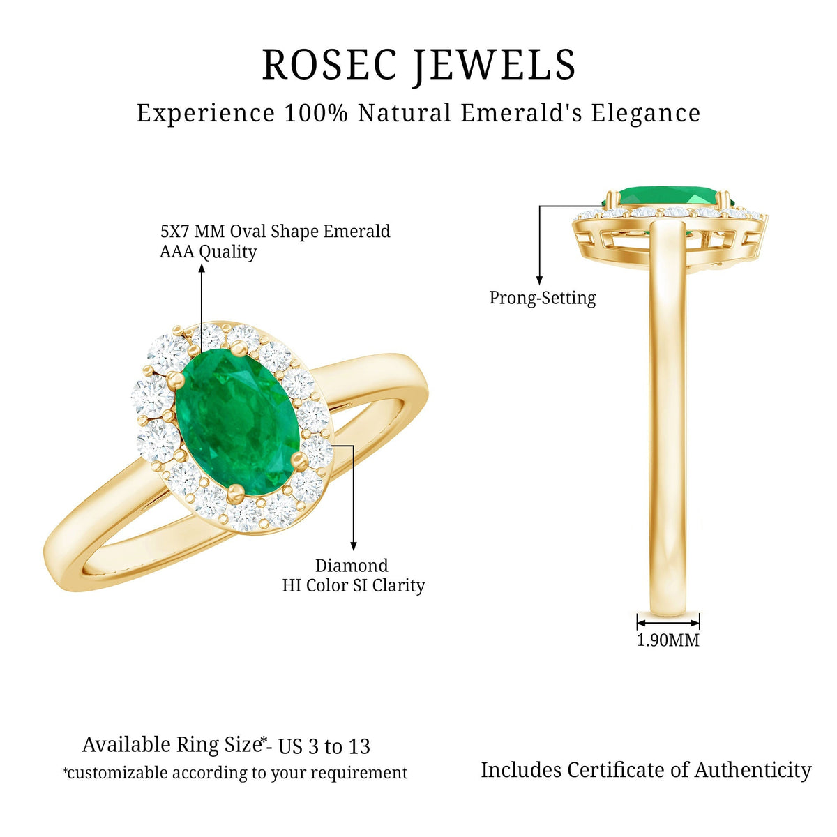 Emerald Engagement Ring – Natural Oval Emerald with Diamond Halo | Rosec Jewels