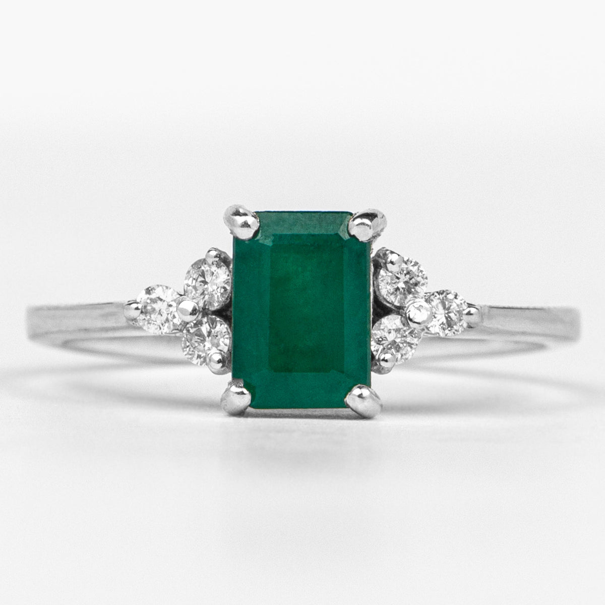 Emerald Engagement Ring – Octagon Cut Solitaire with Diamond Trio | AAA Quality