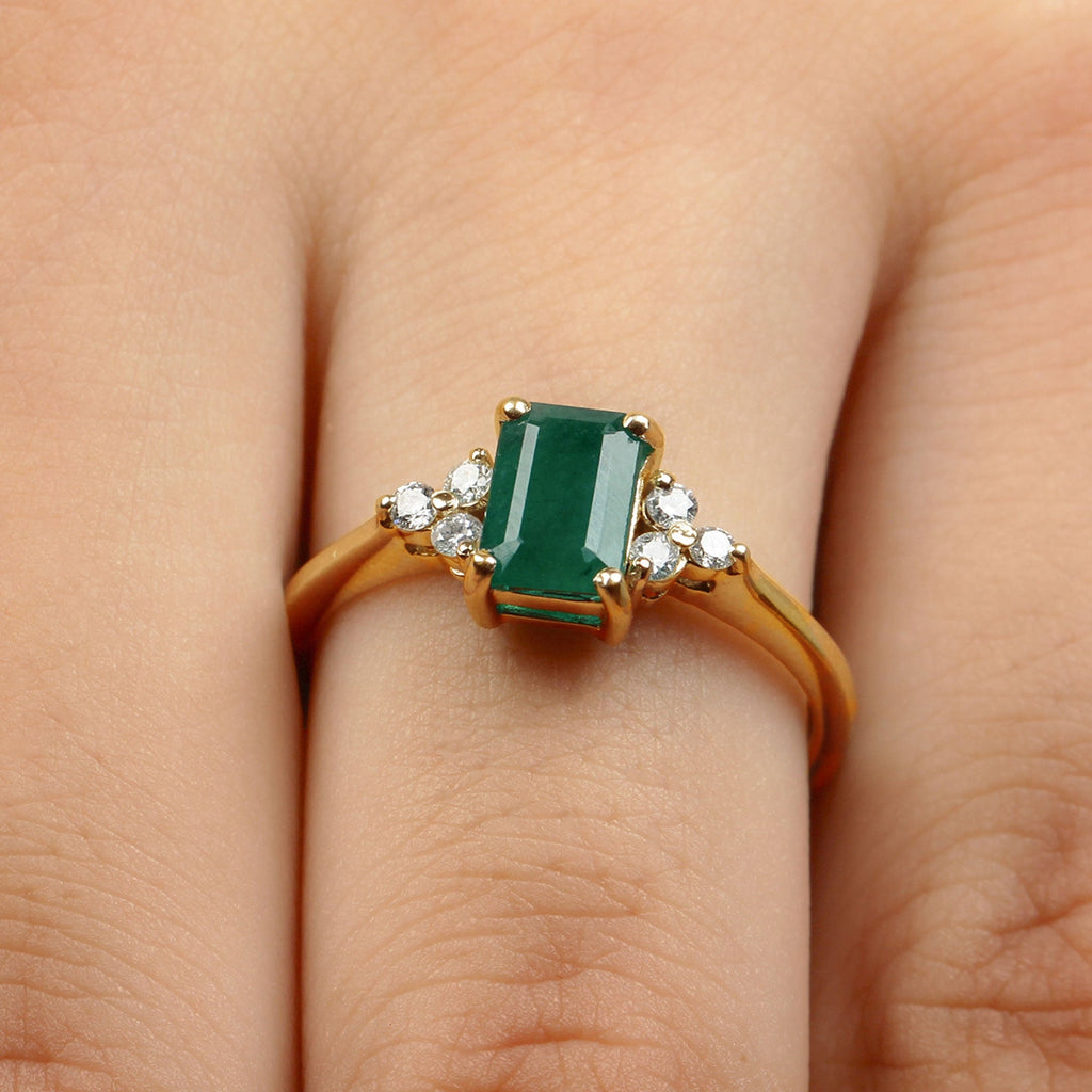 Emerald Engagement Ring – Octagon Cut Solitaire with Diamond Trio | AAA Quality