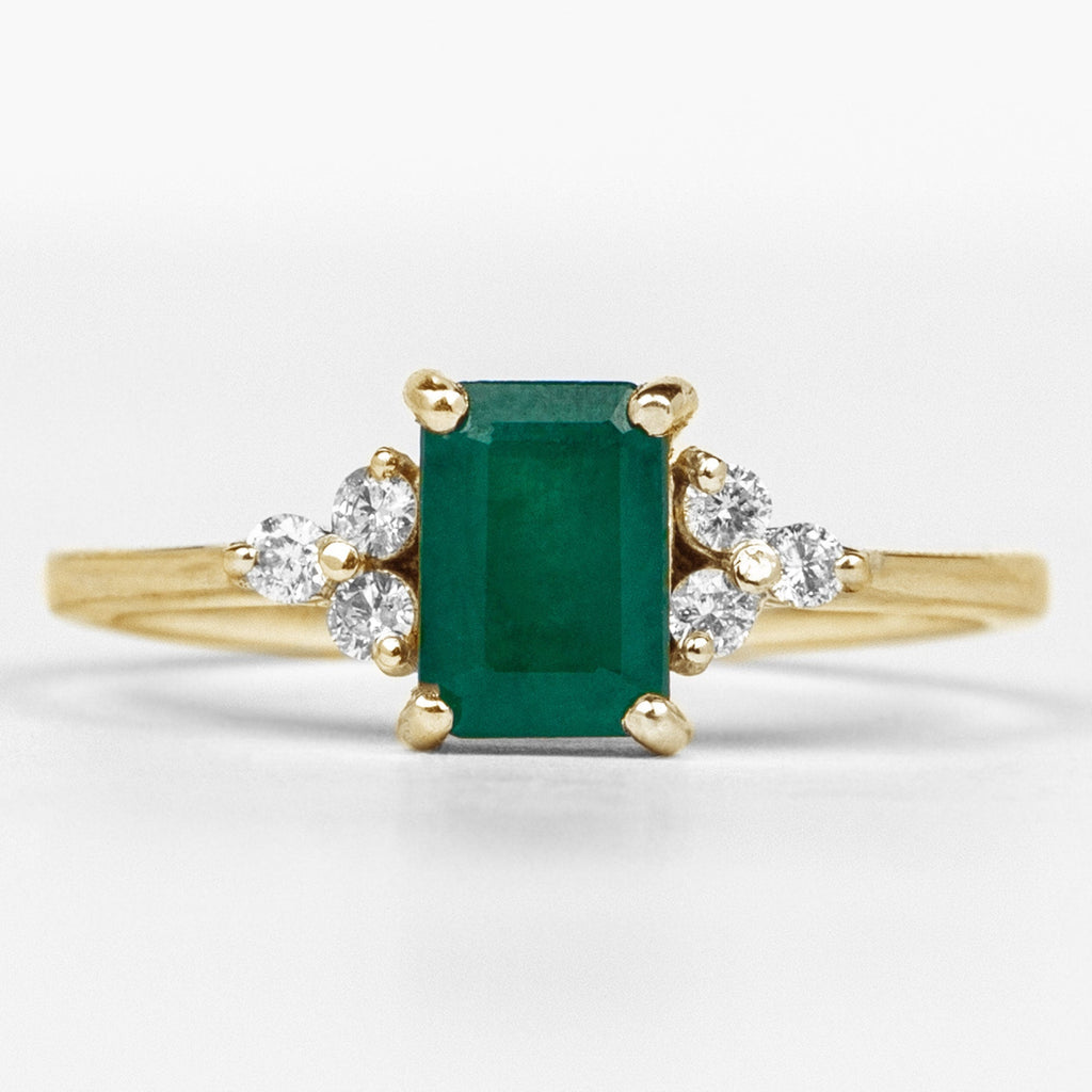 Emerald Engagement Ring – Octagon Cut Solitaire with Diamond Trio | AAA Quality