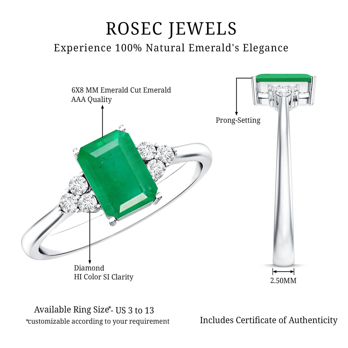 Emerald Engagement Ring – Octagon Cut Solitaire with Diamond Trio | AAA Quality