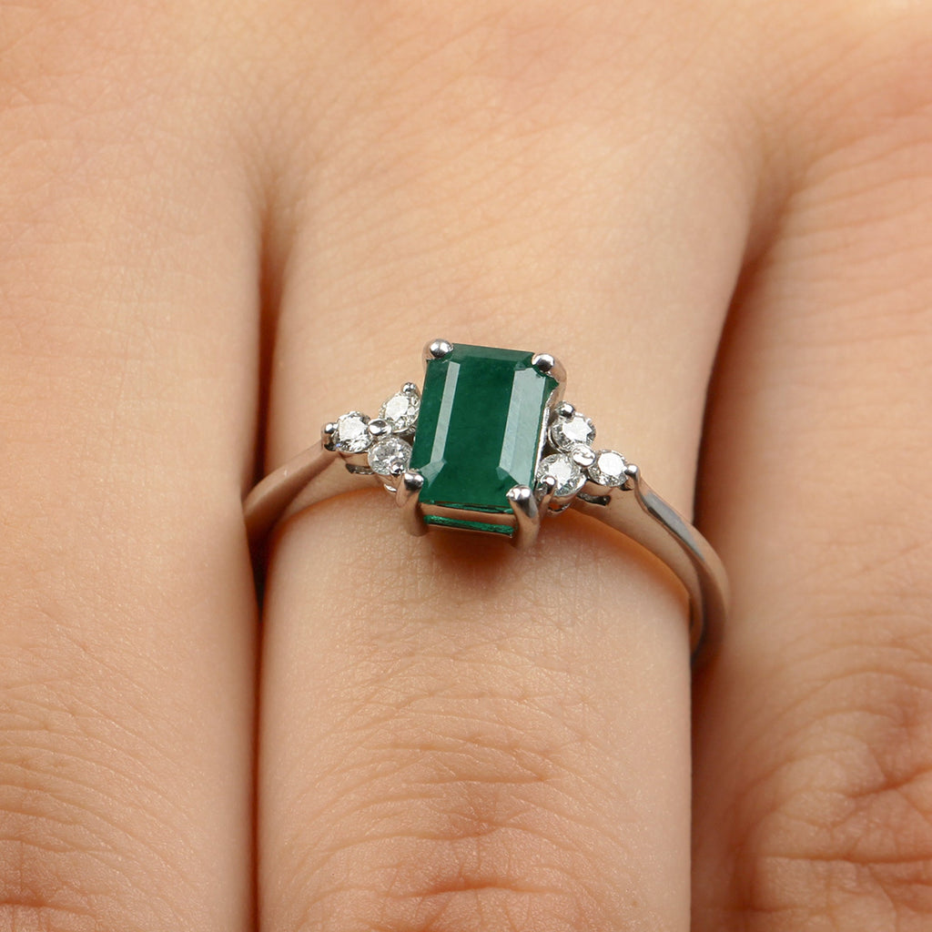 Emerald Engagement Ring – Octagon Cut Solitaire with Diamond Trio | AAA Quality