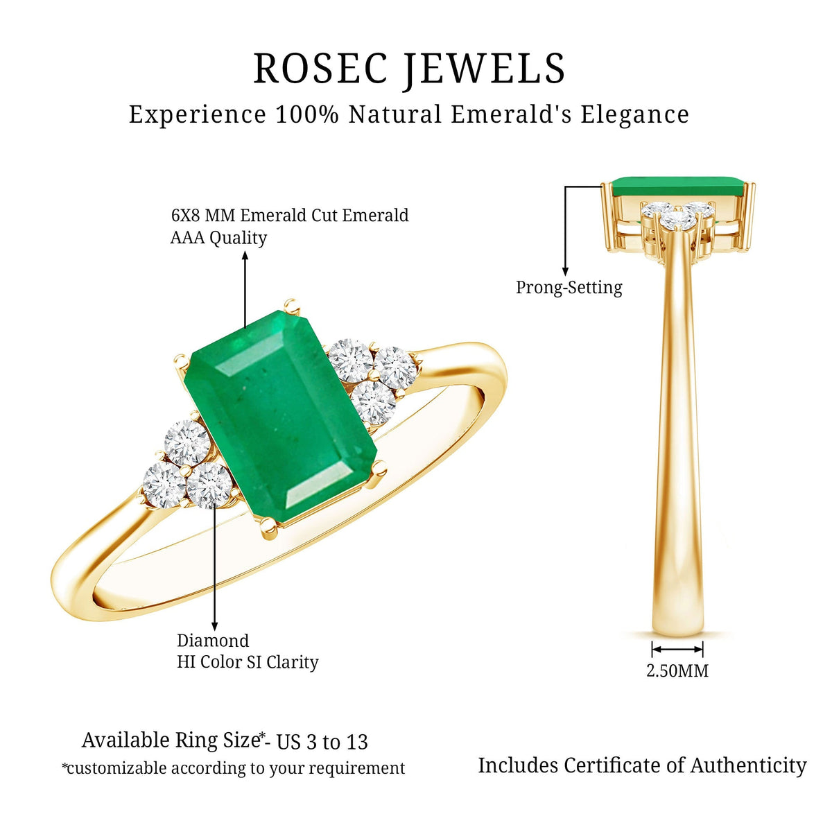Emerald Engagement Ring – Octagon Cut Solitaire with Diamond Trio | AAA Quality
