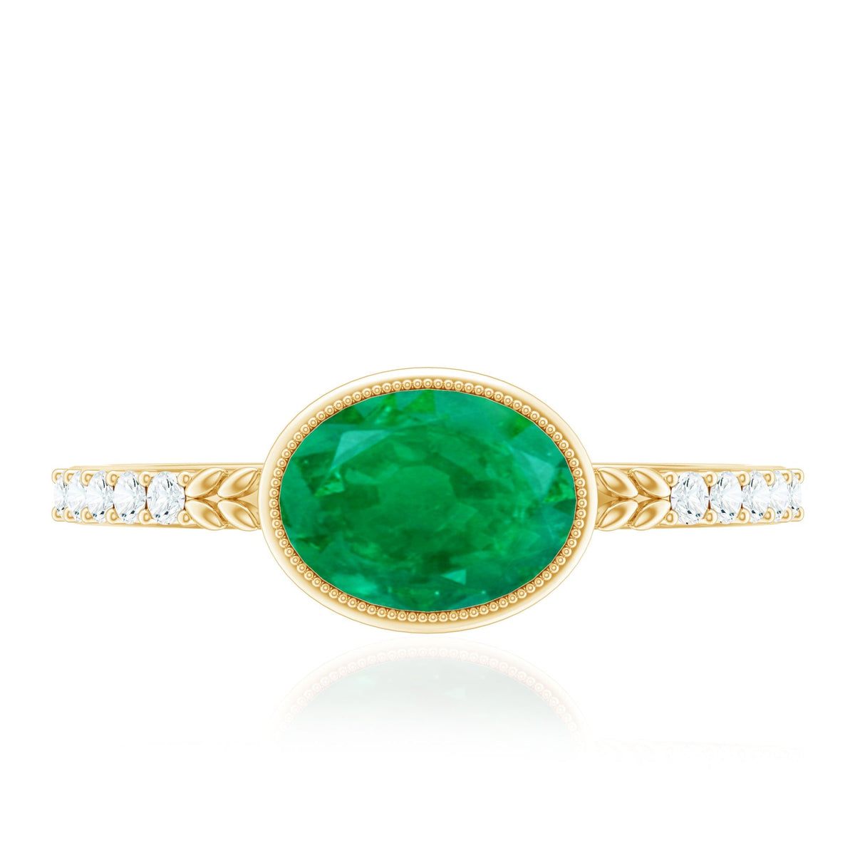 Emerald Engagement Ring - Oval Emerald Bezel Setting With Sparkling Diamond Band