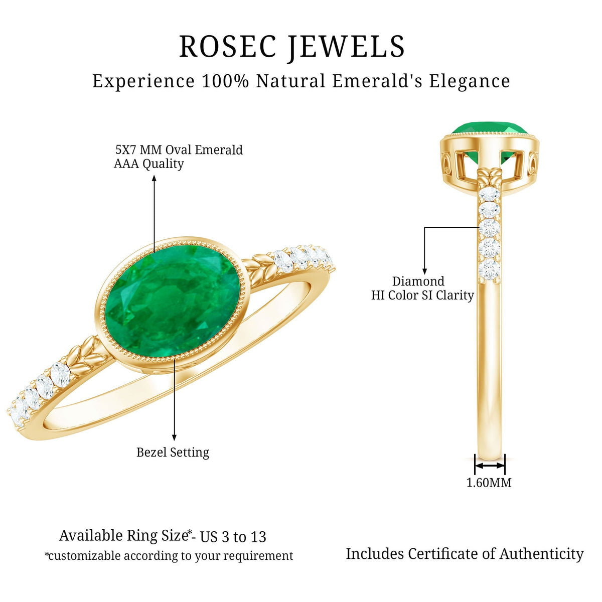Emerald Engagement Ring - Oval Emerald Bezel Setting With Sparkling Diamond Band