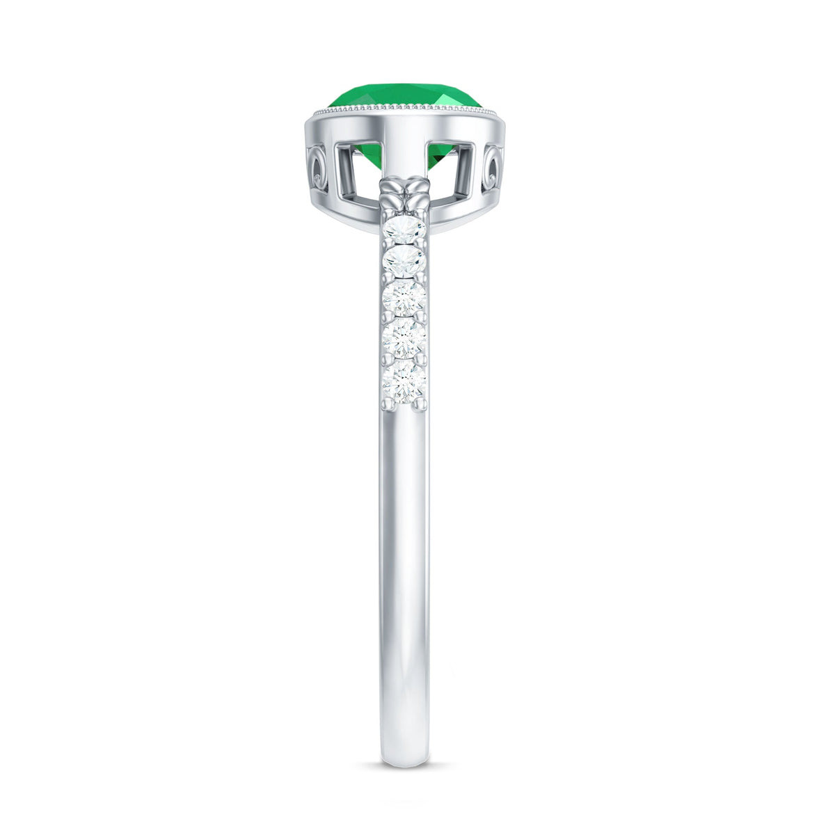 Emerald Engagement Ring - Oval Emerald Bezel Setting With Sparkling Diamond Band
