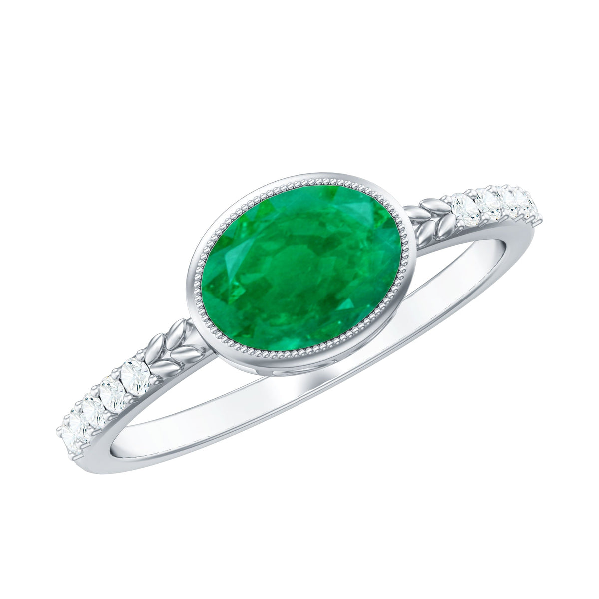 Emerald Engagement Ring - Oval Emerald Bezel Setting With Sparkling Diamond Band