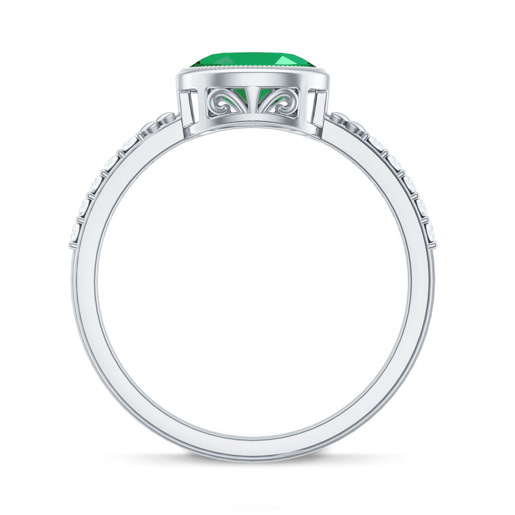 Emerald Engagement Ring - Oval Emerald Bezel Setting With Sparkling Diamond Band